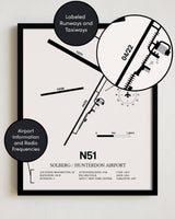 Framed Detailed Airport Map of Solberg/Hunterdon Airport (N51) in White with a Black Frame