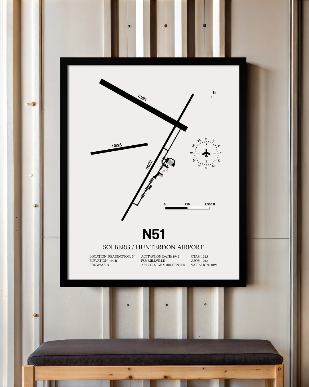 Framed Detailed Airport Map of Solberg/Hunterdon Airport (N51) in White with a Black Frame
