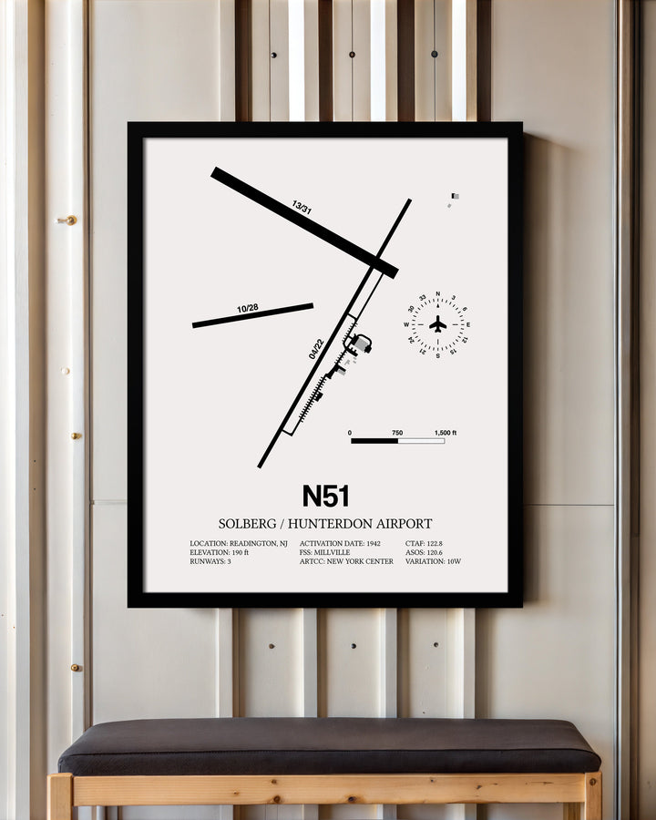 Framed Detailed Airport Map of Solberg/Hunterdon Airport (N51) in White with a Black Frame