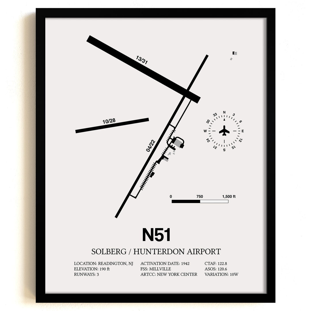 Framed Detailed Airport Map of Solberg/Hunterdon Airport (N51) in White with a Black Frame
