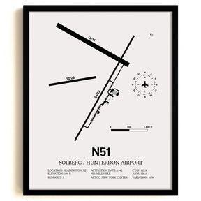 Framed Detailed Airport Map of Solberg/Hunterdon Airport (N51) in White with a Black Frame