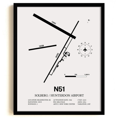 Framed Detailed Airport Map of Solberg/Hunterdon Airport (N51) in White with a Black Frame