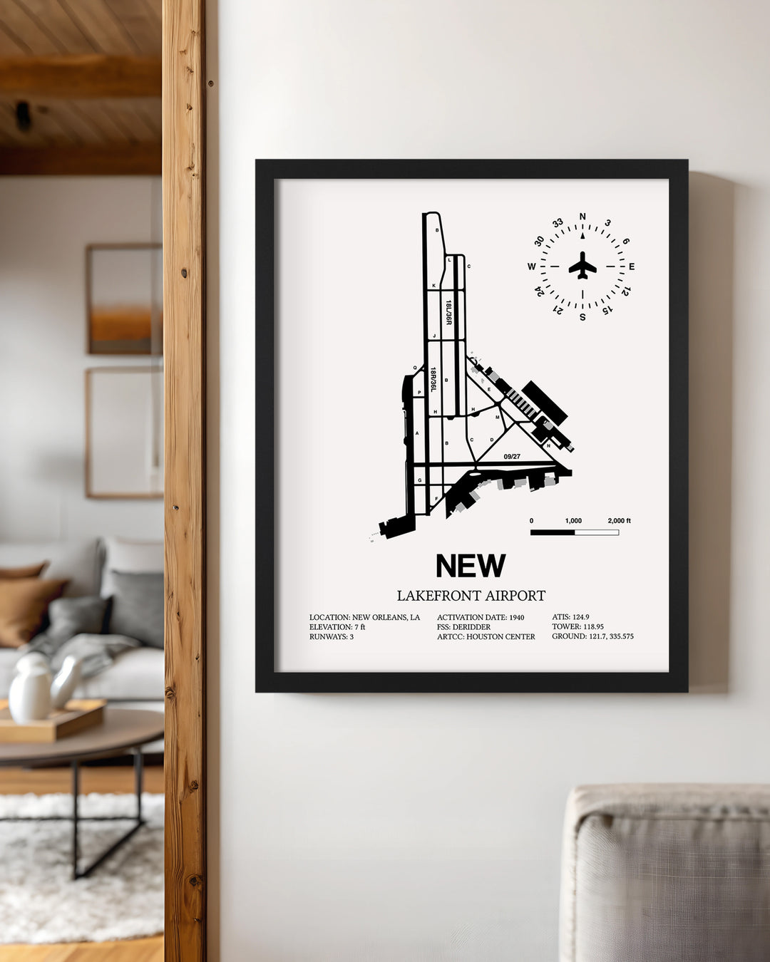 Framed Detailed Airport Map of Lakefront Airport (NEW) in White with a Black Frame