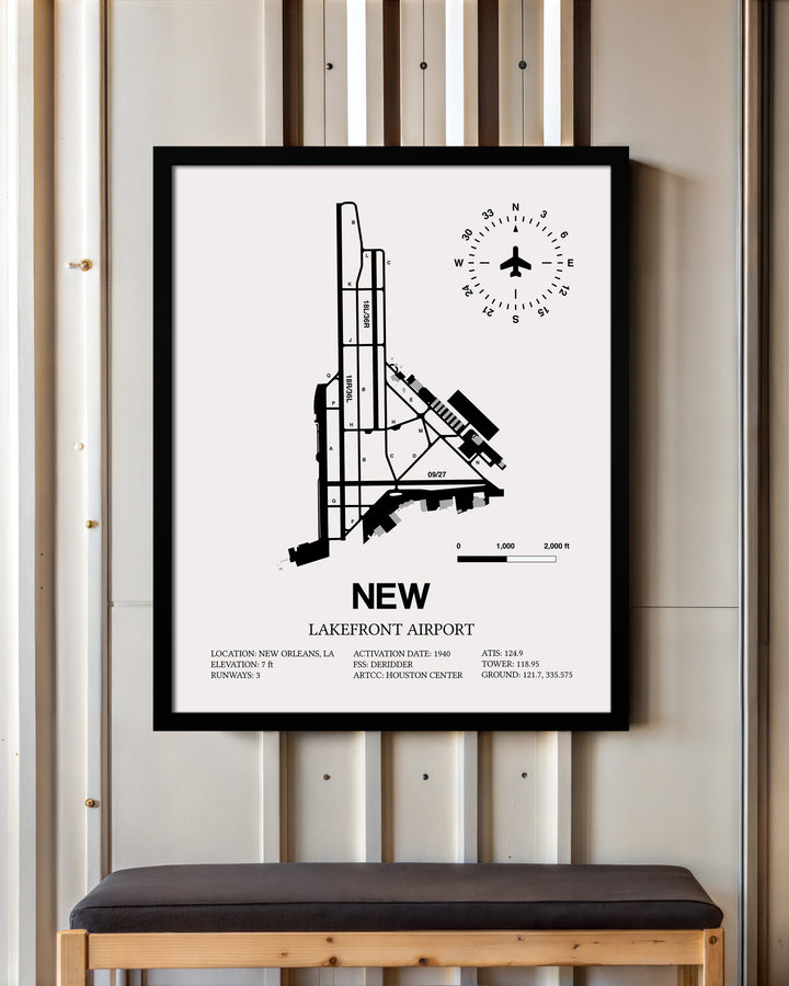 Framed Detailed Airport Map of Lakefront Airport (NEW) in White with a Black Frame