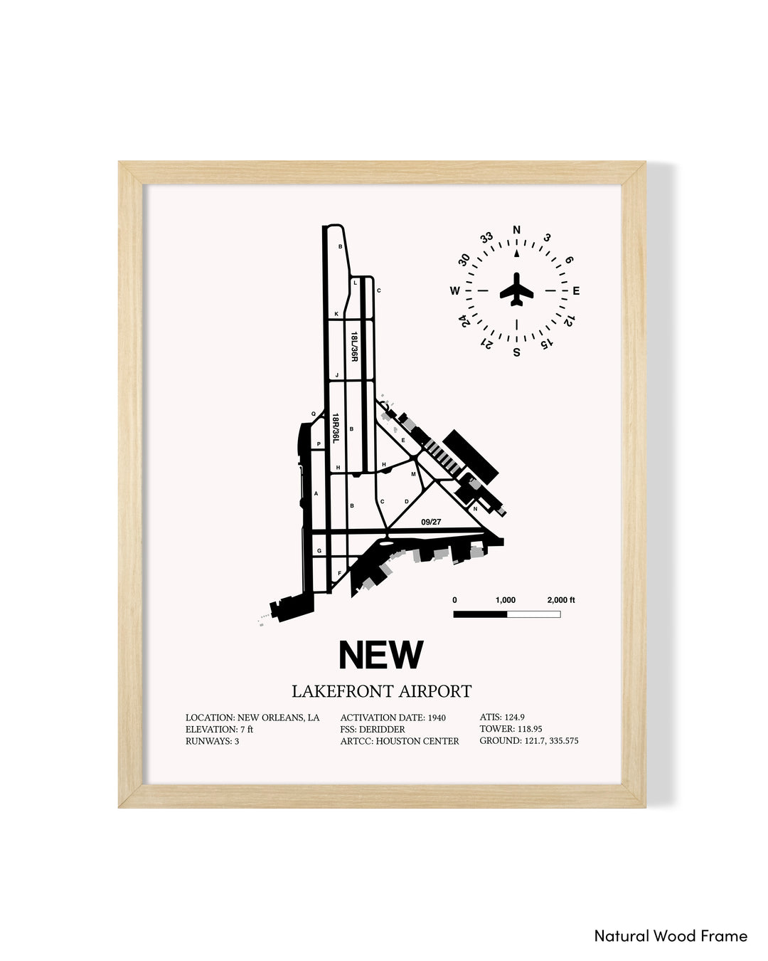 Detailed Airport Map of Lakefront Airport (NEW) in White with a Natural Frame