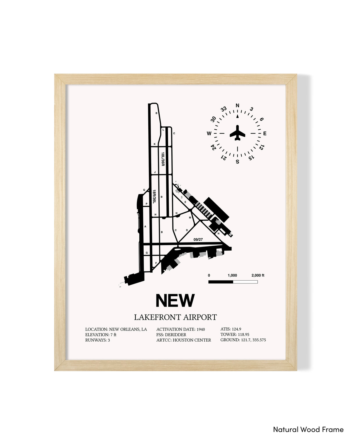 Detailed Airport Map of Lakefront Airport (NEW) in White with a Natural Frame