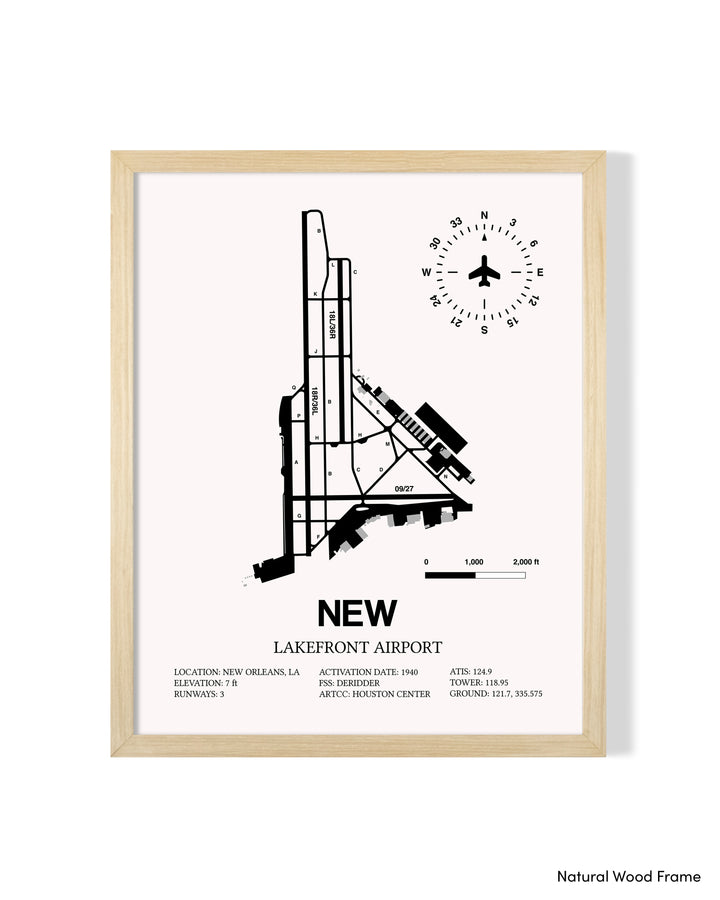 Detailed Airport Map of Lakefront Airport (NEW) in White with a Natural Frame