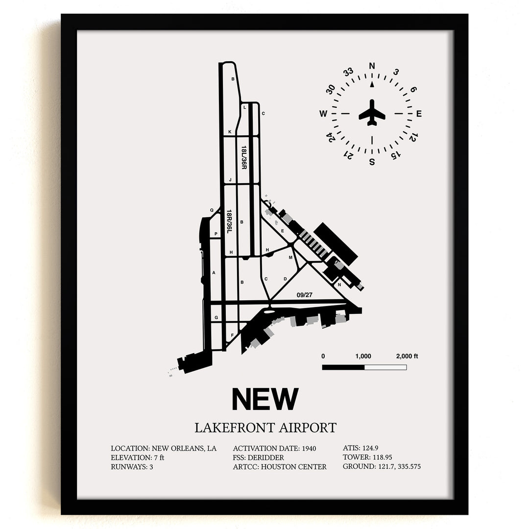 Framed Detailed Airport Map of Lakefront Airport (NEW) in White with a Black Frame