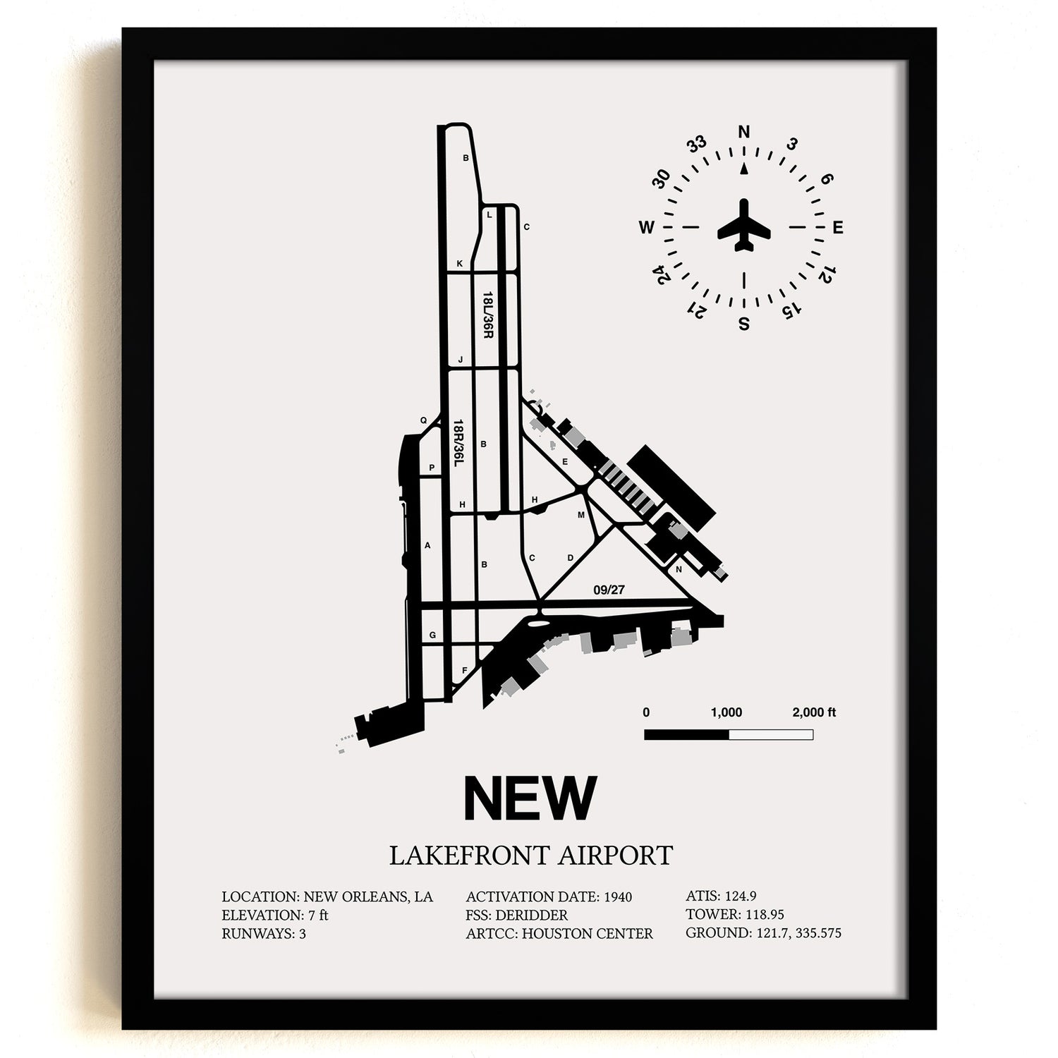 Framed Detailed Airport Map of Lakefront Airport (NEW) in White with a Black Frame