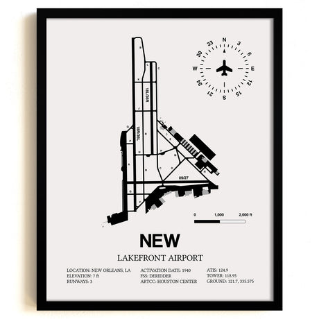 Framed Detailed Airport Map of Lakefront Airport (NEW) in White with a Black Frame
