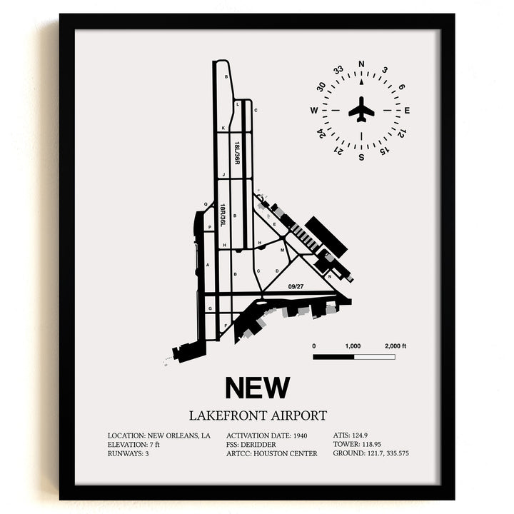 Framed Detailed Airport Map of Lakefront Airport (NEW) in White with a Black Frame