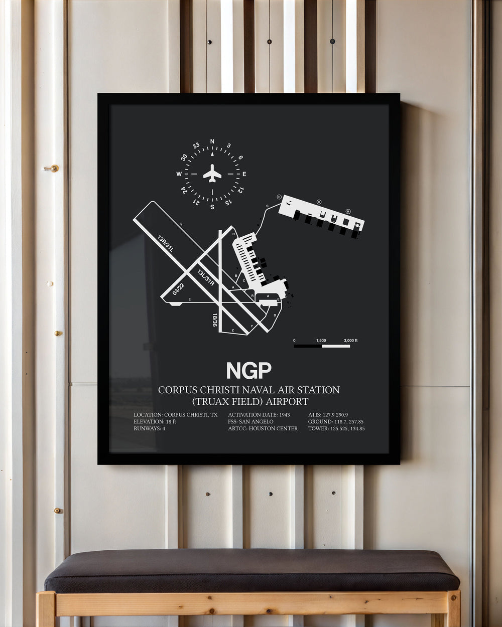 Framed Detailed Airport Map of Corpus Christi Naval Air Station (Truax Field) Airport (NGP) in Gray with a Black Frame