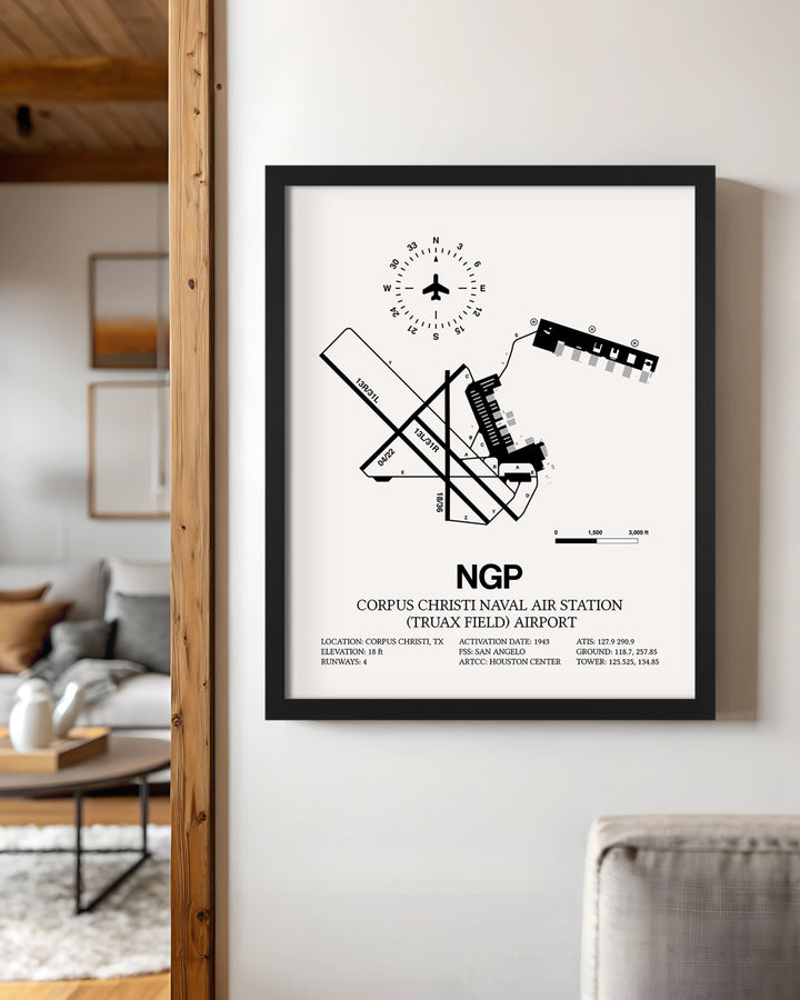 Framed Detailed Airport Map of Corpus Christi Naval Air Station (Truax Field) Airport (NGP) in White with a Black Frame