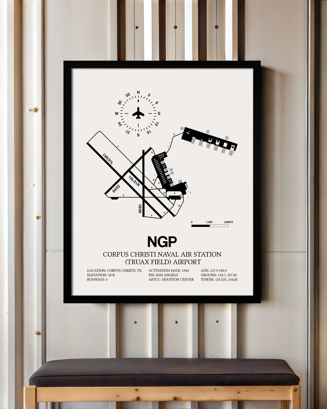 Framed Detailed Airport Map of Corpus Christi Naval Air Station (Truax Field) Airport (NGP) in White with a Black Frame