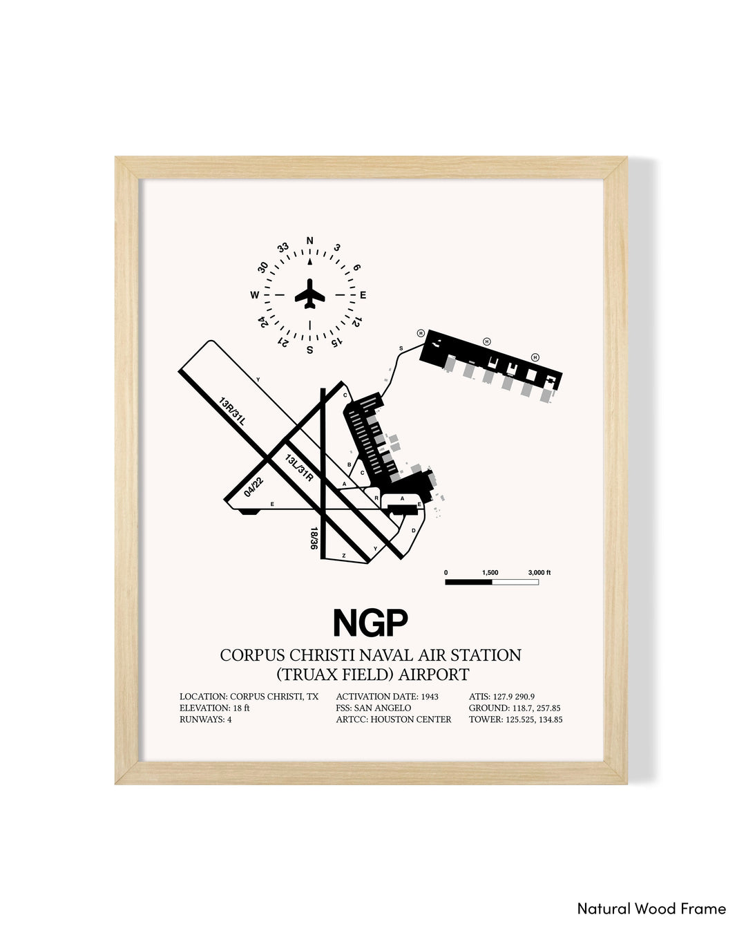 Detailed Airport Map of Corpus Christi Naval Air Station (Truax Field) Airport (NGP) in White with a Natural Frame