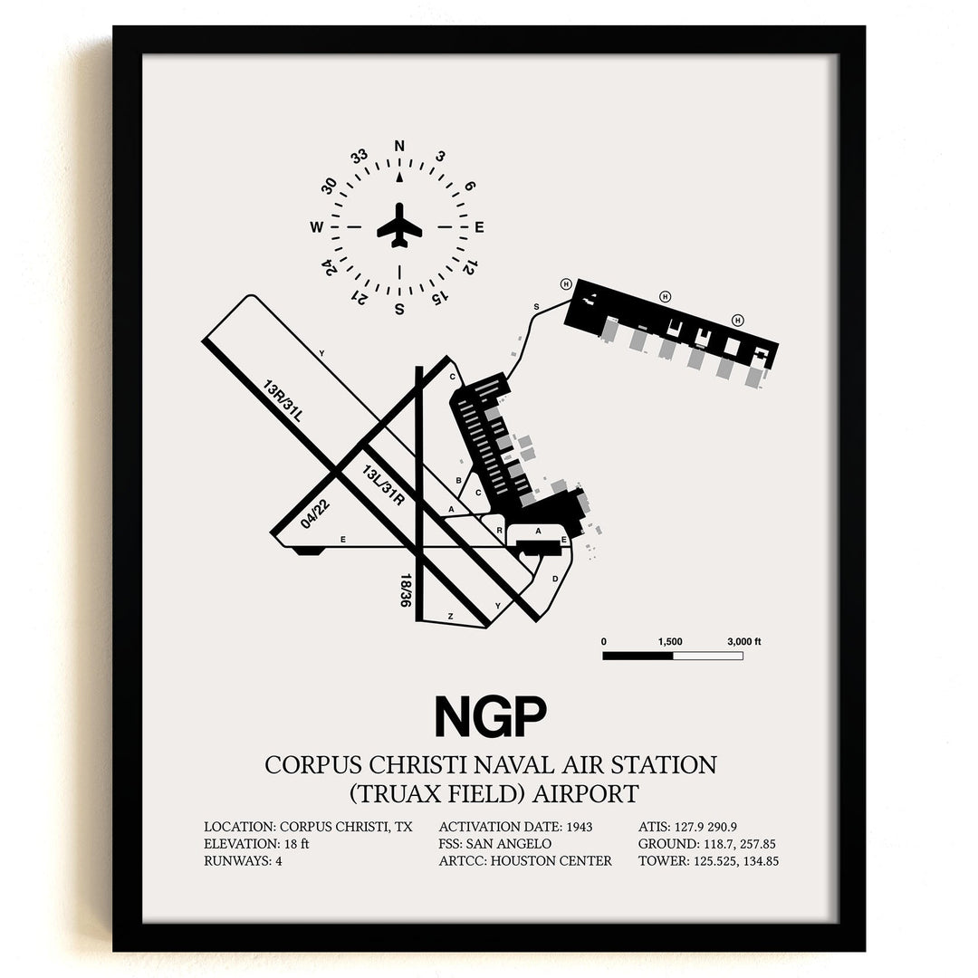 Framed Detailed Airport Map of Corpus Christi Naval Air Station (Truax Field) Airport (NGP) in White with a Black Frame