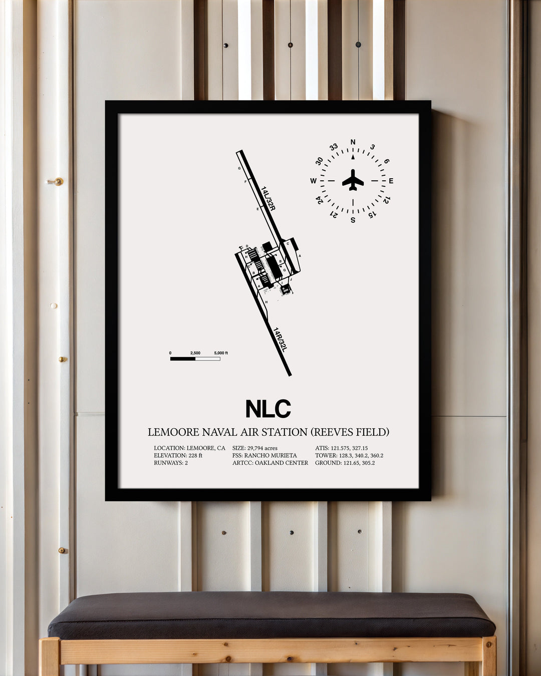 Framed Detailed Airport Map of Lemoore Naval Air Station (Reeves Field) (NLC) in White with a Black Frame