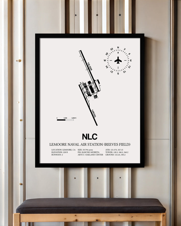 Framed Detailed Airport Map of Lemoore Naval Air Station (Reeves Field) (NLC) in White with a Black Frame