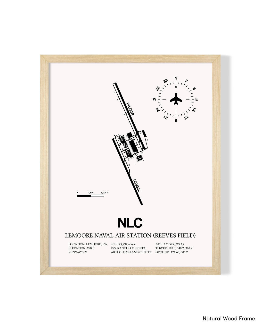 Detailed Airport Map of Lemoore Naval Air Station (Reeves Field) (NLC) in White with a Natural Frame