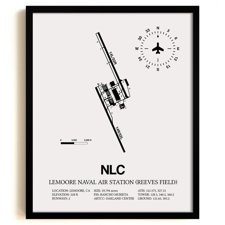 Framed Detailed Airport Map of Lemoore Naval Air Station (Reeves Field) (NLC) in White with a Black Frame