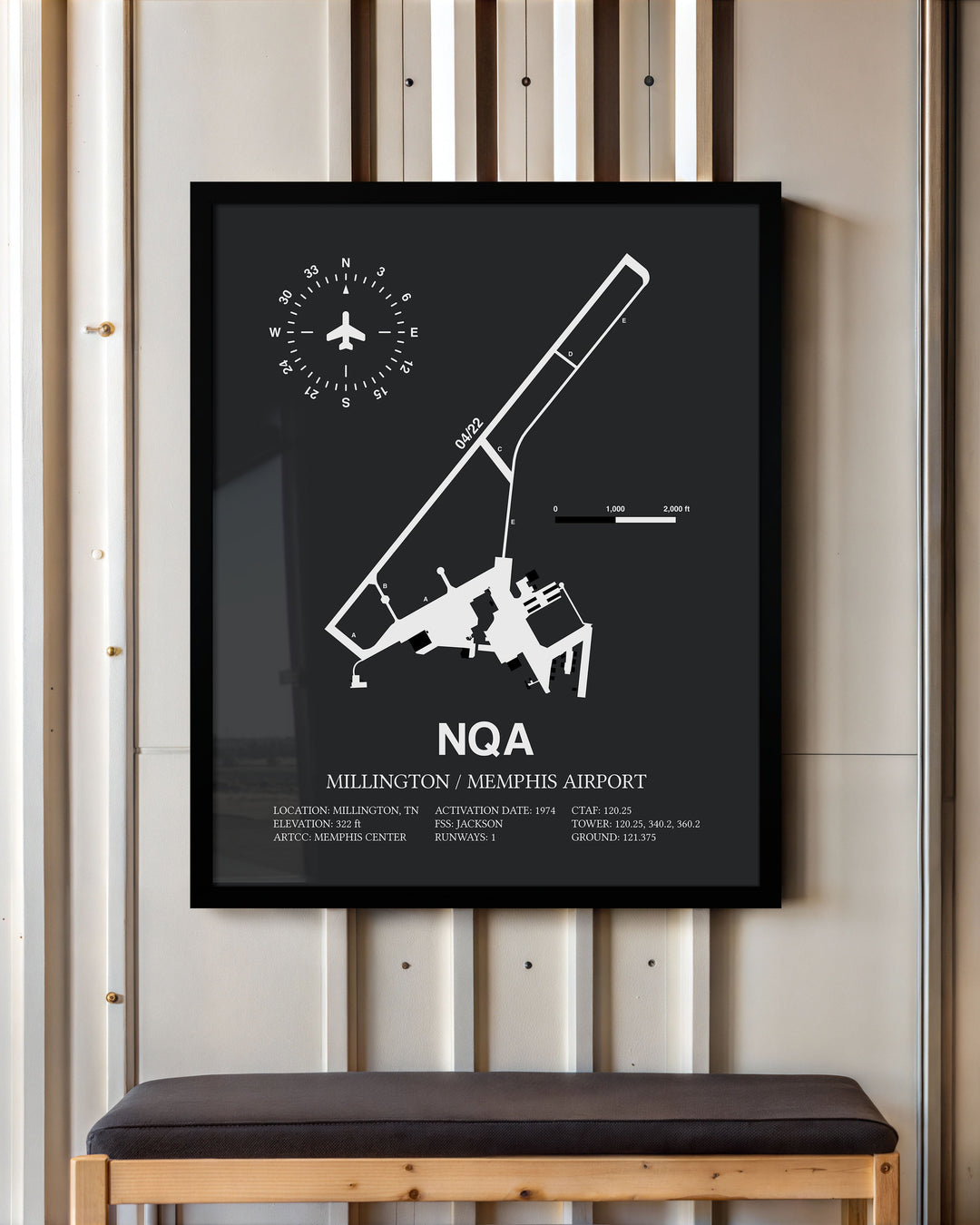 Framed Detailed Airport Map of Millington / Memphis Airport (NQA) in Gray with a Black Frame