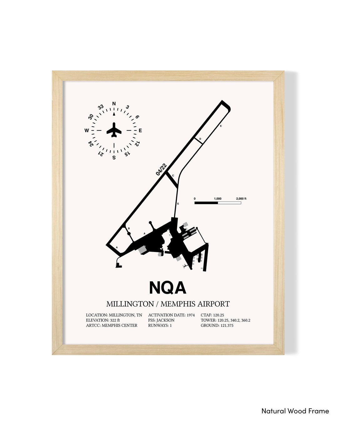Detailed Airport Map of Millington / Memphis Airport (NQA) in White with a Natural Frame