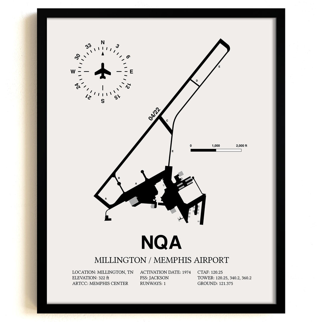 Framed Detailed Airport Map of Millington / Memphis Airport (NQA) in White with a Black Frame