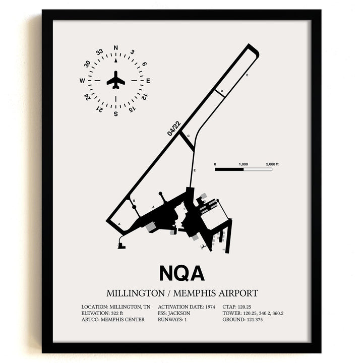Framed Detailed Airport Map of Millington / Memphis Airport (NQA) in White with a Black Frame
