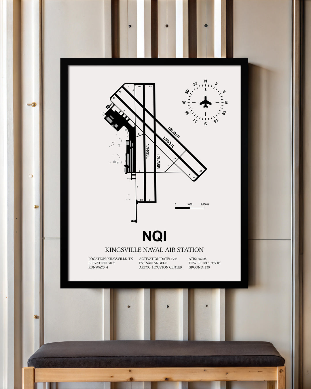 Framed Detailed Airport Map of Kingsville Naval Air Station (NQI) in White with a Black Frame