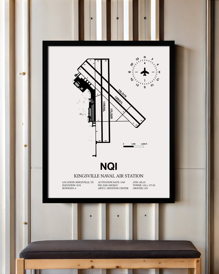 Framed Detailed Airport Map of Kingsville Naval Air Station (NQI) in White with a Black Frame