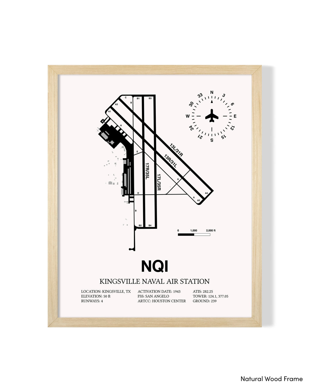 Detailed Airport Map of Kingsville Naval Air Station (NQI) in White with a Natural Frame