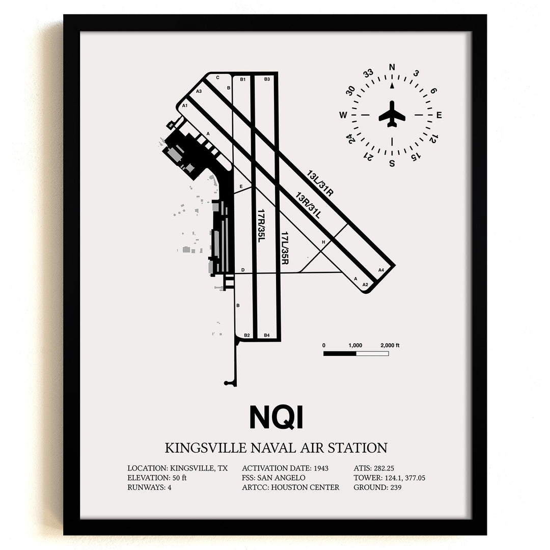 Framed Detailed Airport Map of Kingsville Naval Air Station (NQI) in White with a Black Frame