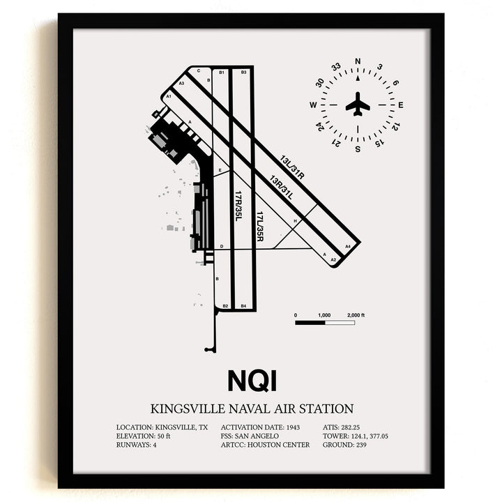 Framed Detailed Airport Map of Kingsville Naval Air Station (NQI) in White with a Black Frame