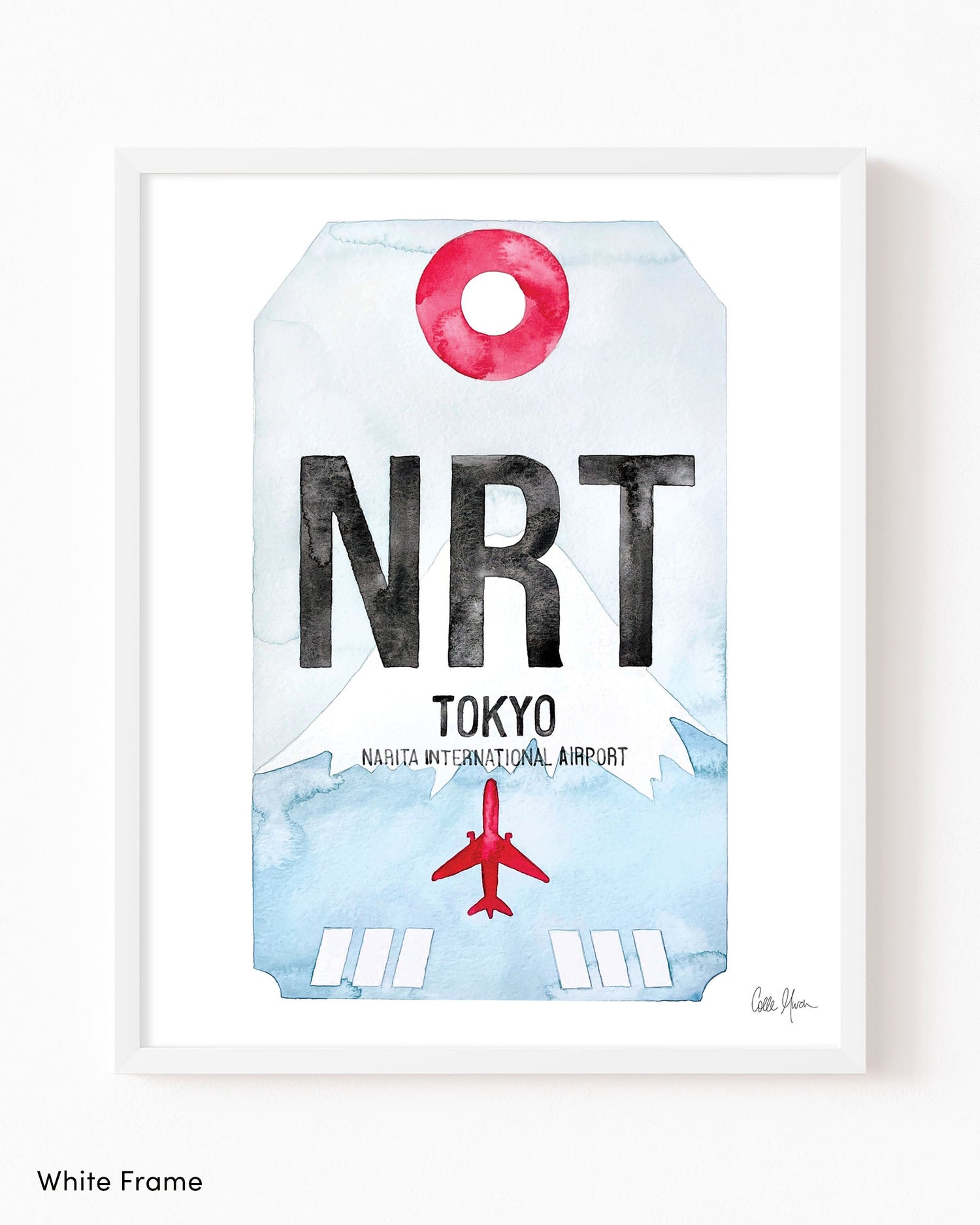 Framed Watercolor Print of Narita International Airport (NRT) with a White Frame