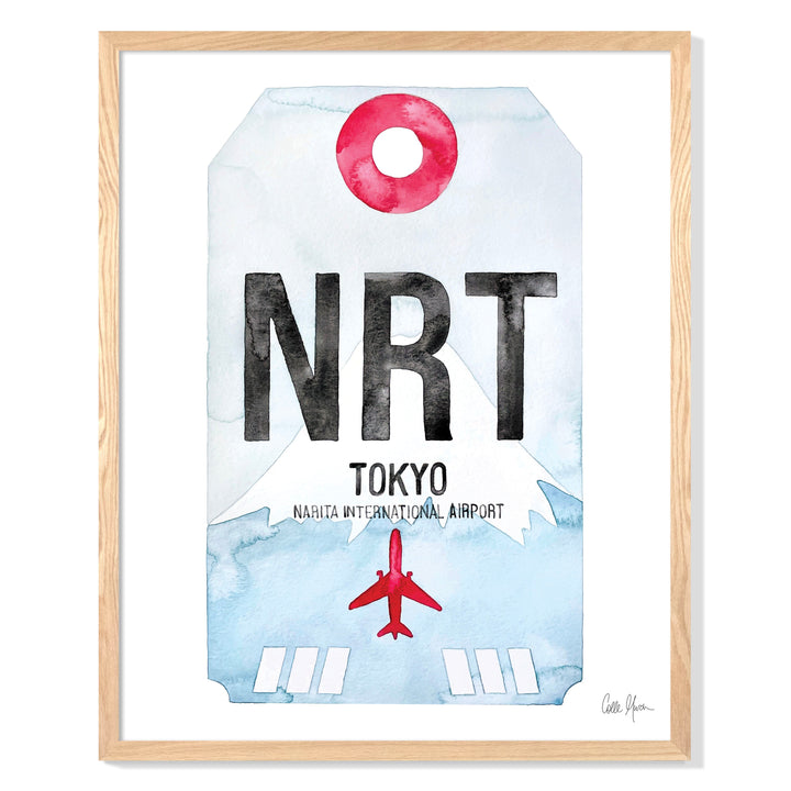 Framed Watercolor Print of Narita International Airport (NRT) with an Oak Frame