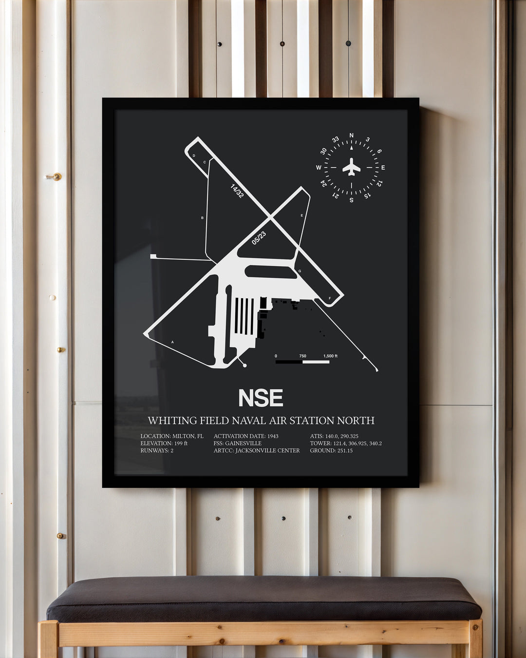 Framed Detailed Airport Map of Whiting Field Naval Air Station North (NSE) in Gray with a Black Frame