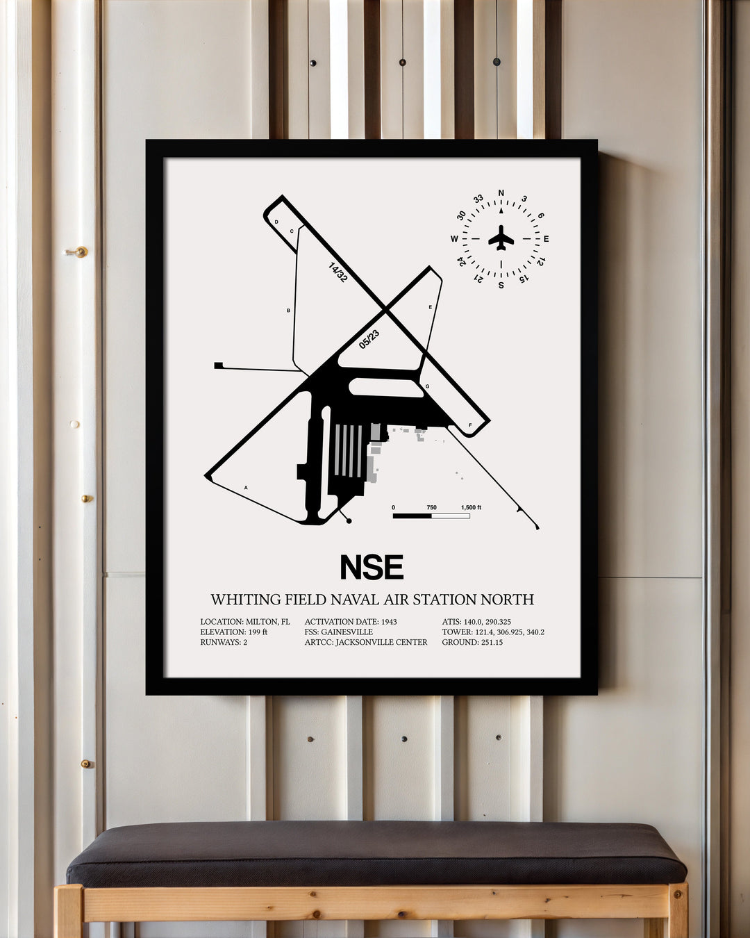 Framed Detailed Airport Map of Whiting Field Naval Air Station North (NSE) in White with a Black Frame