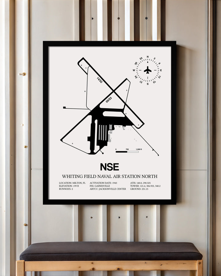 Framed Detailed Airport Map of Whiting Field Naval Air Station North (NSE) in White with a Black Frame