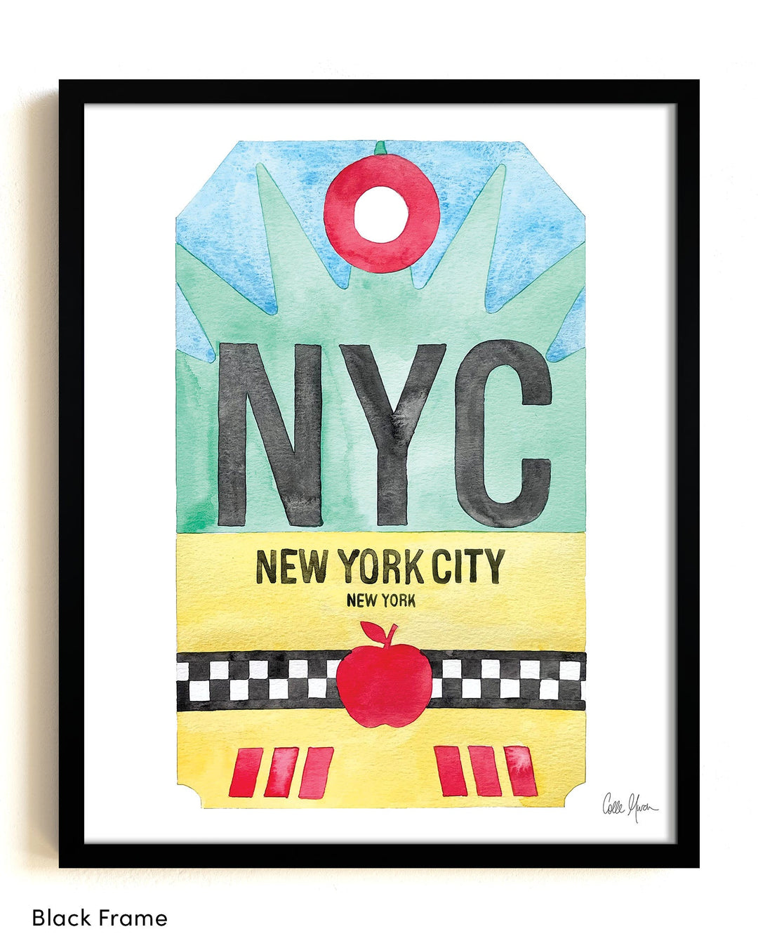 Framed Watercolor Print of New York City (NYC) with a Black Frame