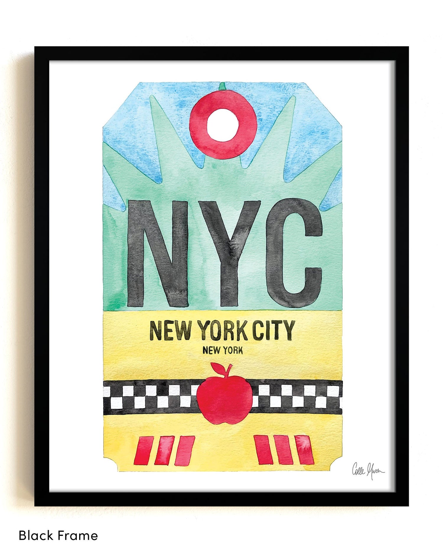 Framed Watercolor Print of New York City (NYC) with a Black Frame