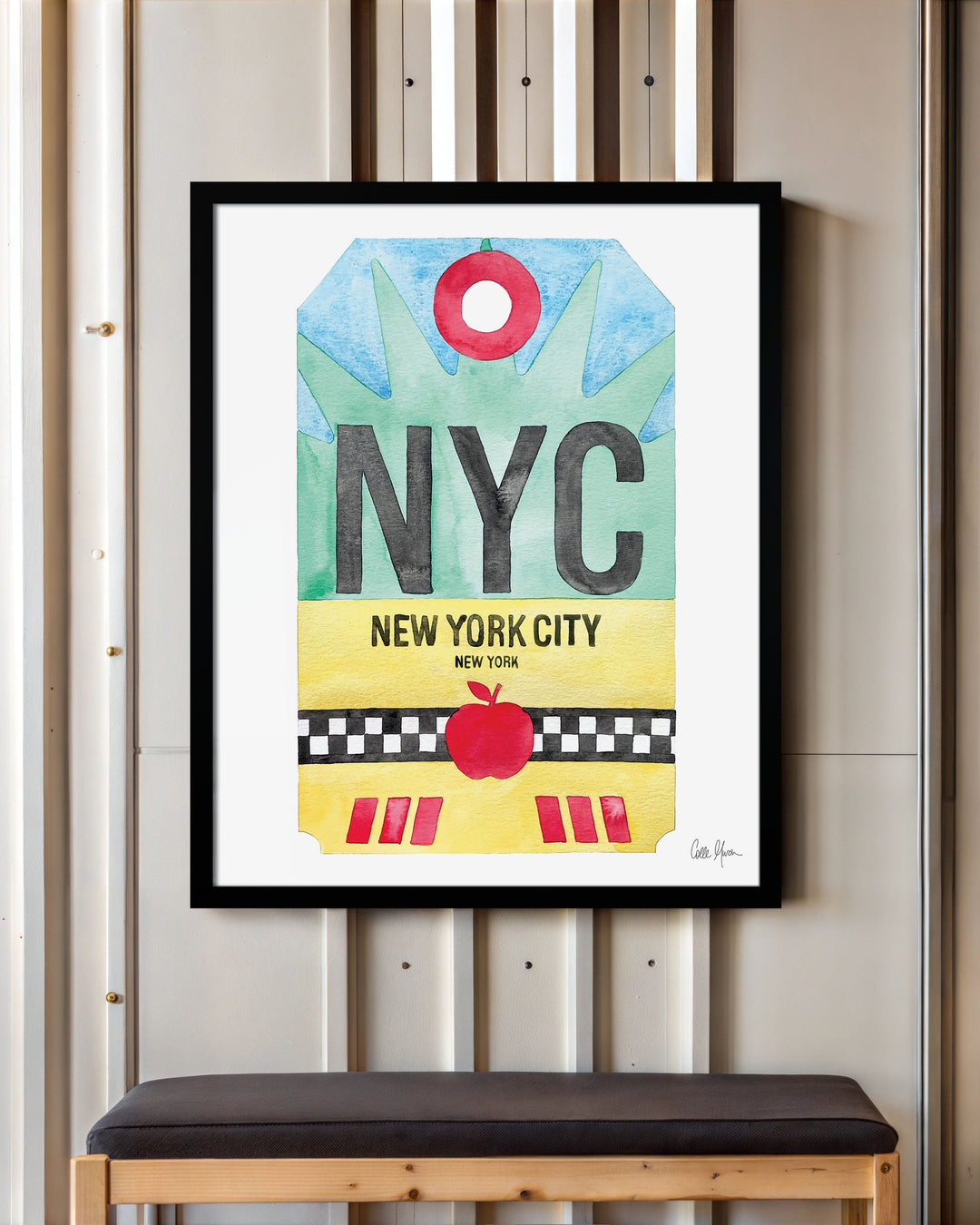 Framed Watercolor Print of New York City (NYC) with a Black Frame