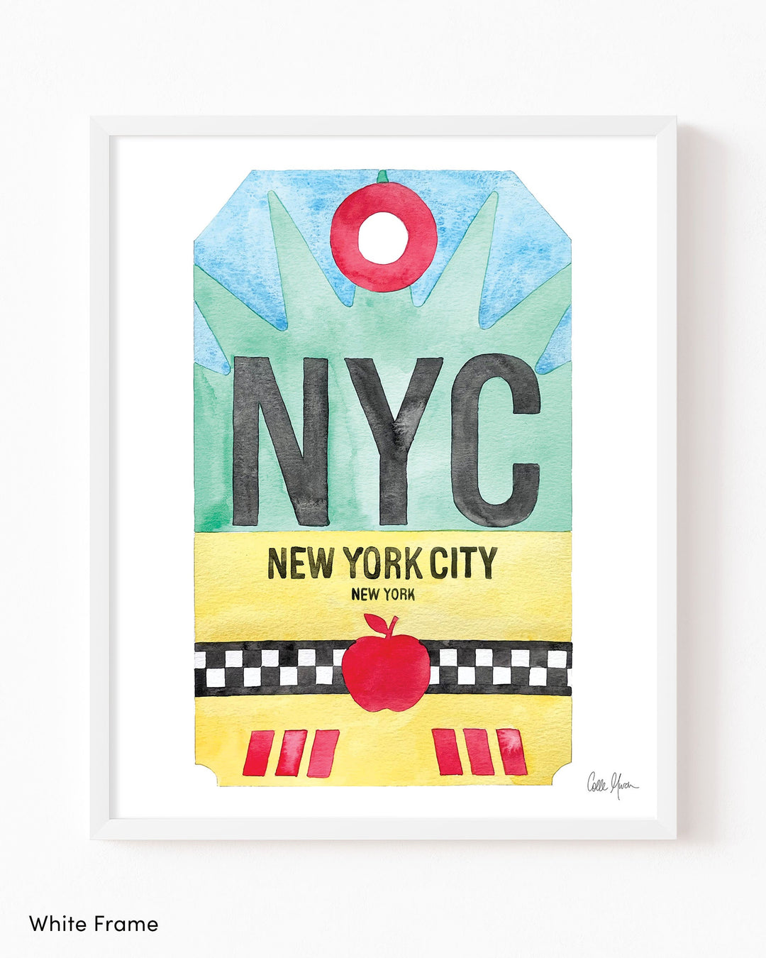 Framed Watercolor Print of New York City (NYC) with a White Frame