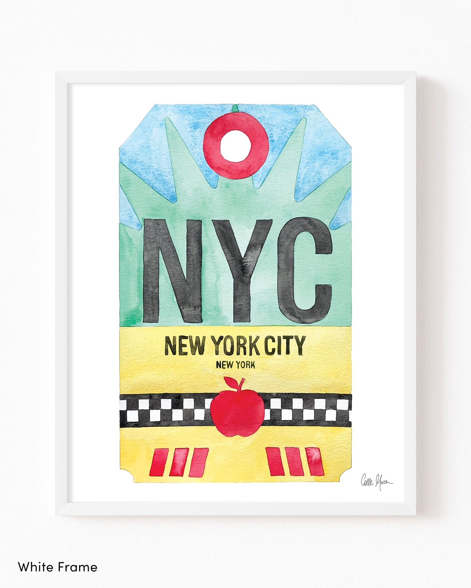 Framed Watercolor Print of New York City (NYC) with a White Frame