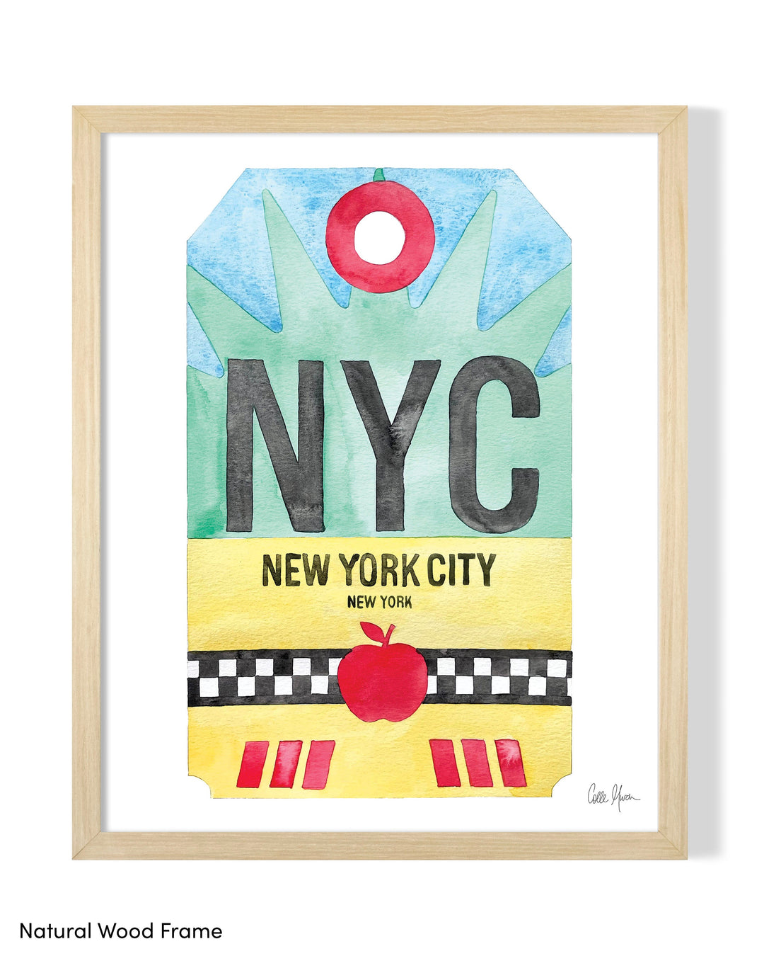 Framed Watercolor Print of New York City (NYC) with a Natural Wood Frame