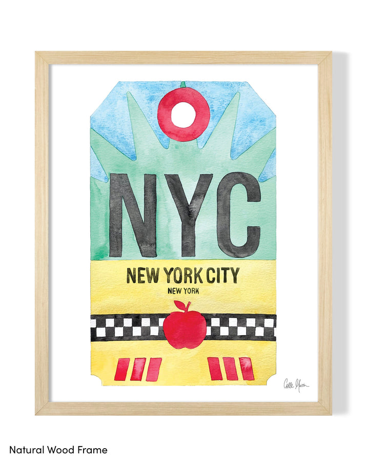 Framed Watercolor Print of New York City (NYC) with a Natural Wood Frame