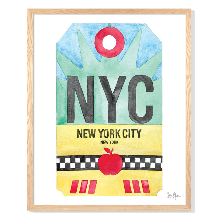 Framed Watercolor Print of New York City (NYC) with an Oak Frame