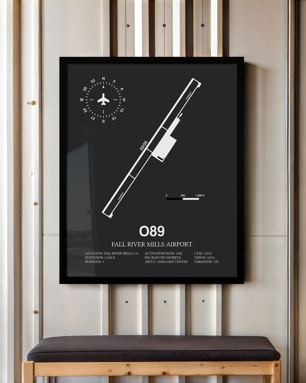 Framed Detailed Airport Map of Fall River Mills Airport (O89) in Gray with a Black Frame