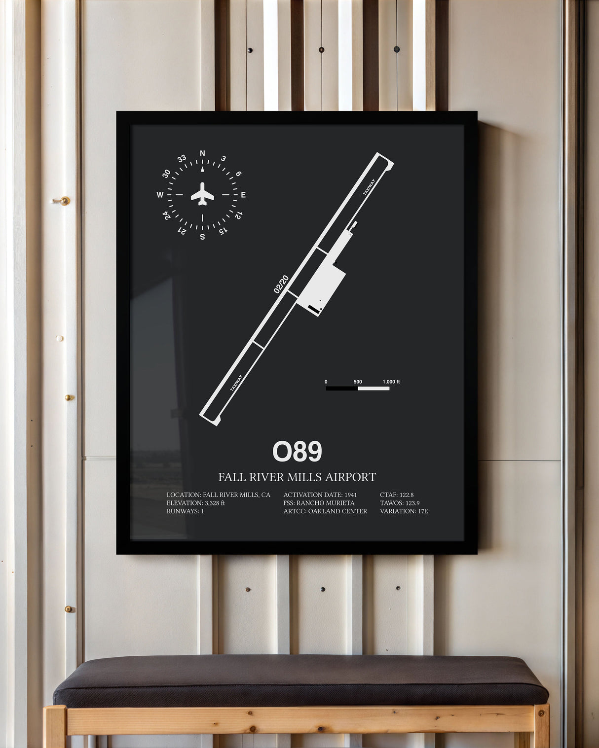 Framed Detailed Airport Map of Fall River Mills Airport (O89) in Gray with a Black Frame