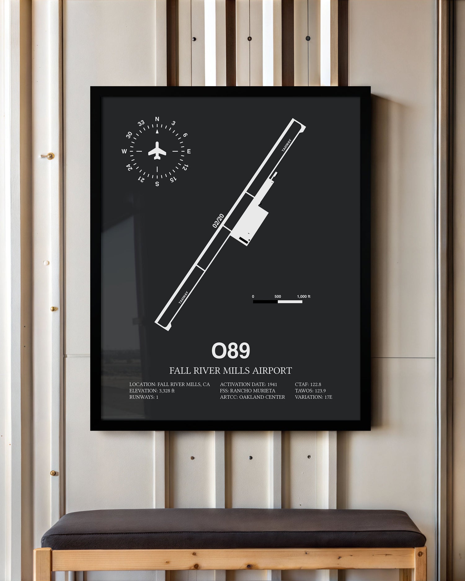 Framed Detailed Airport Map of Fall River Mills Airport (O89) in Gray with a Black Frame