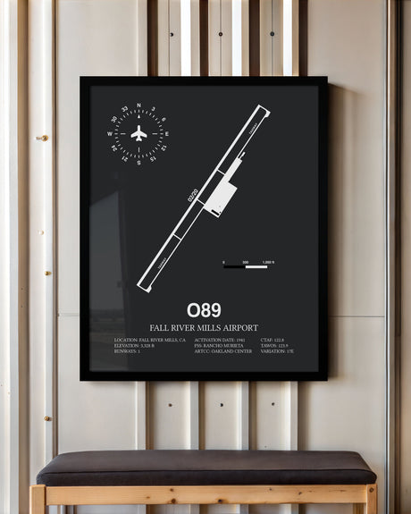 Framed Detailed Airport Map of Fall River Mills Airport (O89) in Gray with a Black Frame